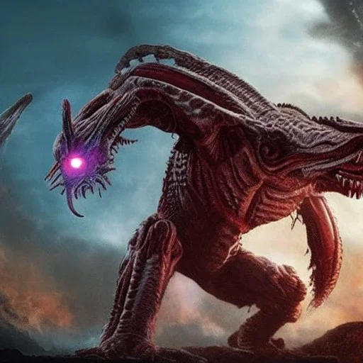 hybrid kaiju between alien xenomorph of ridley Scott and iron man