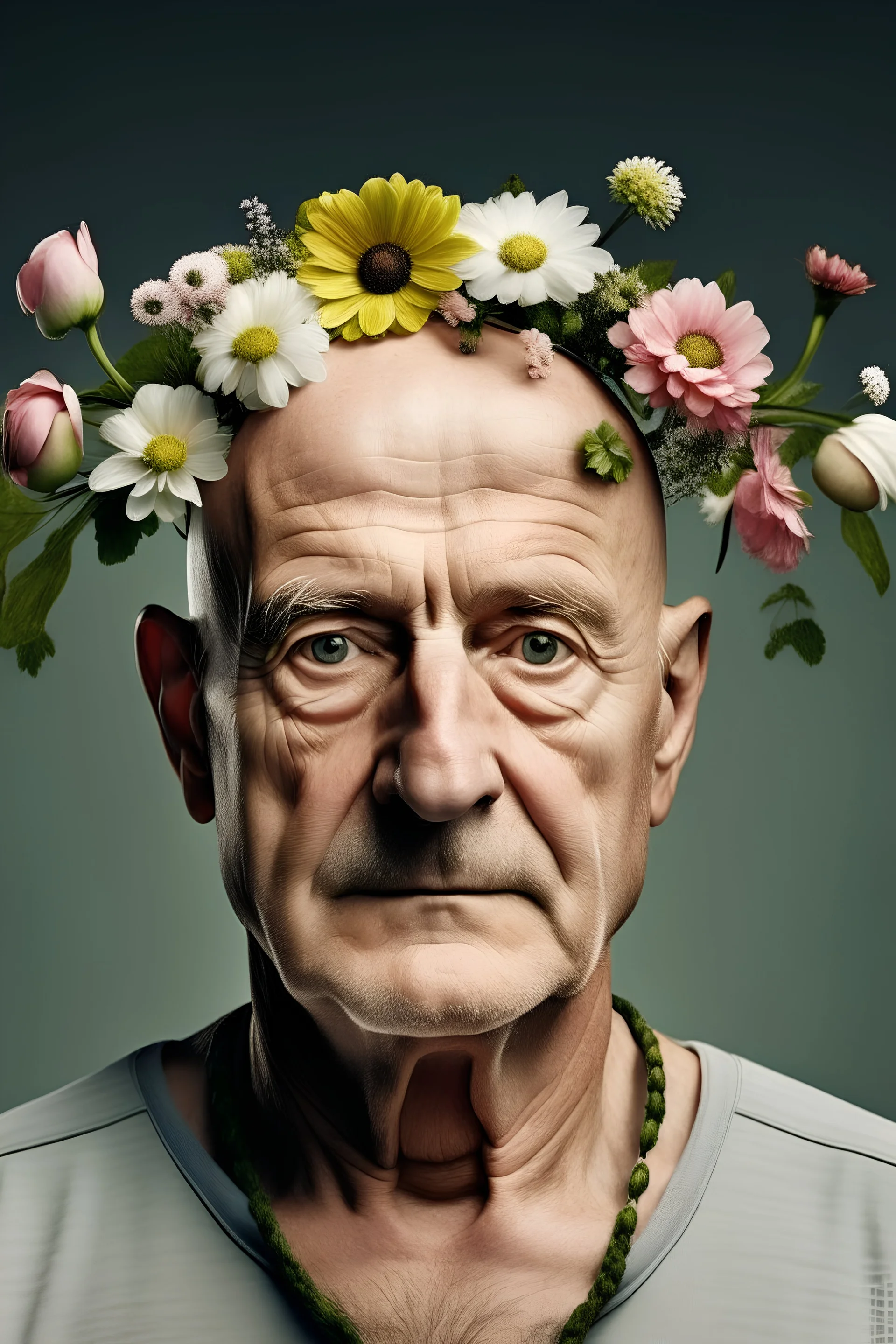 old man with bald head with flowers on head