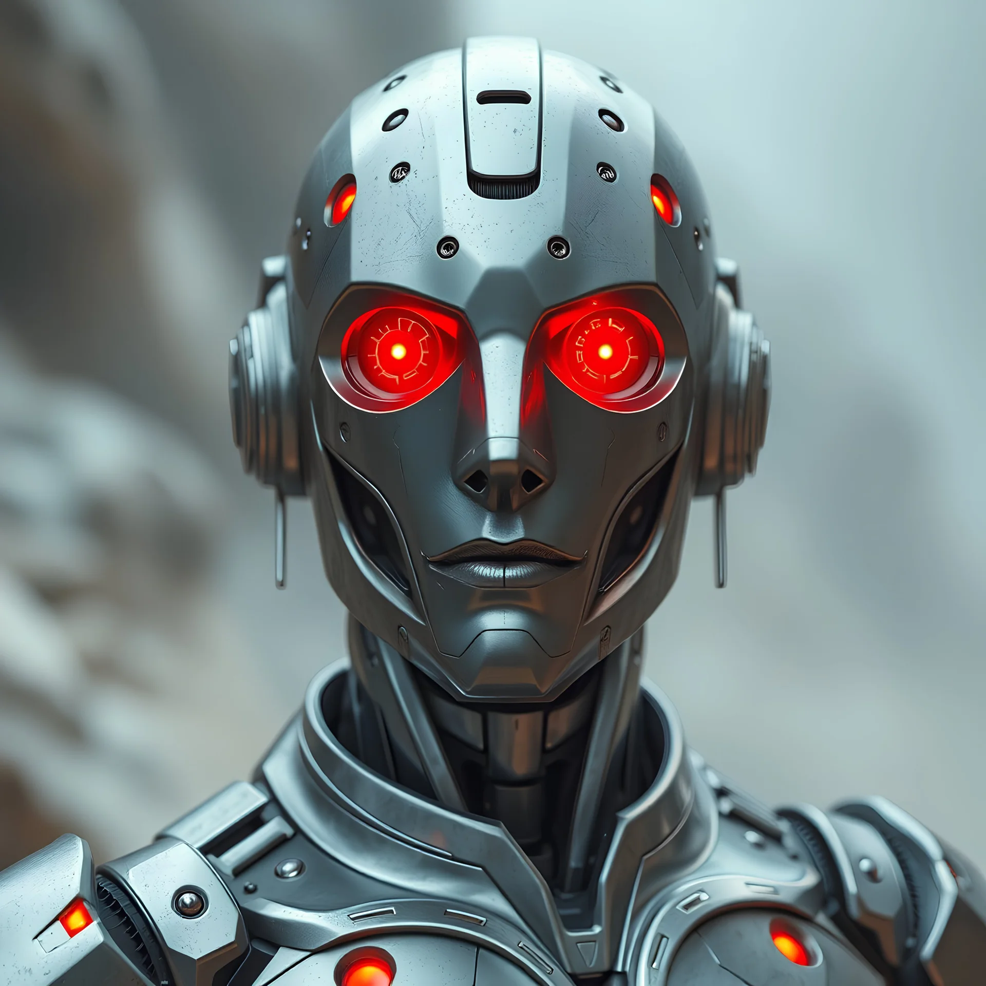 a silver metal robot like man in a fantasy world with glowing red eyes