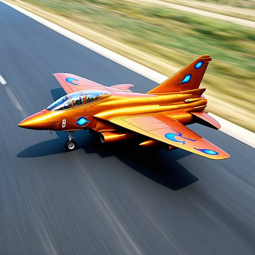 award winning photograph of a house-fly fighter-jet genetic-splice designed by only one vehicle per image painted metallic orange traveling at a high rate of speed, jet intake off of front center of vehicle and jet exhaust out the rear with bright blue flames painted on the hood and front quarter panels, bilaterally symetrical, more a high speed road vehicle