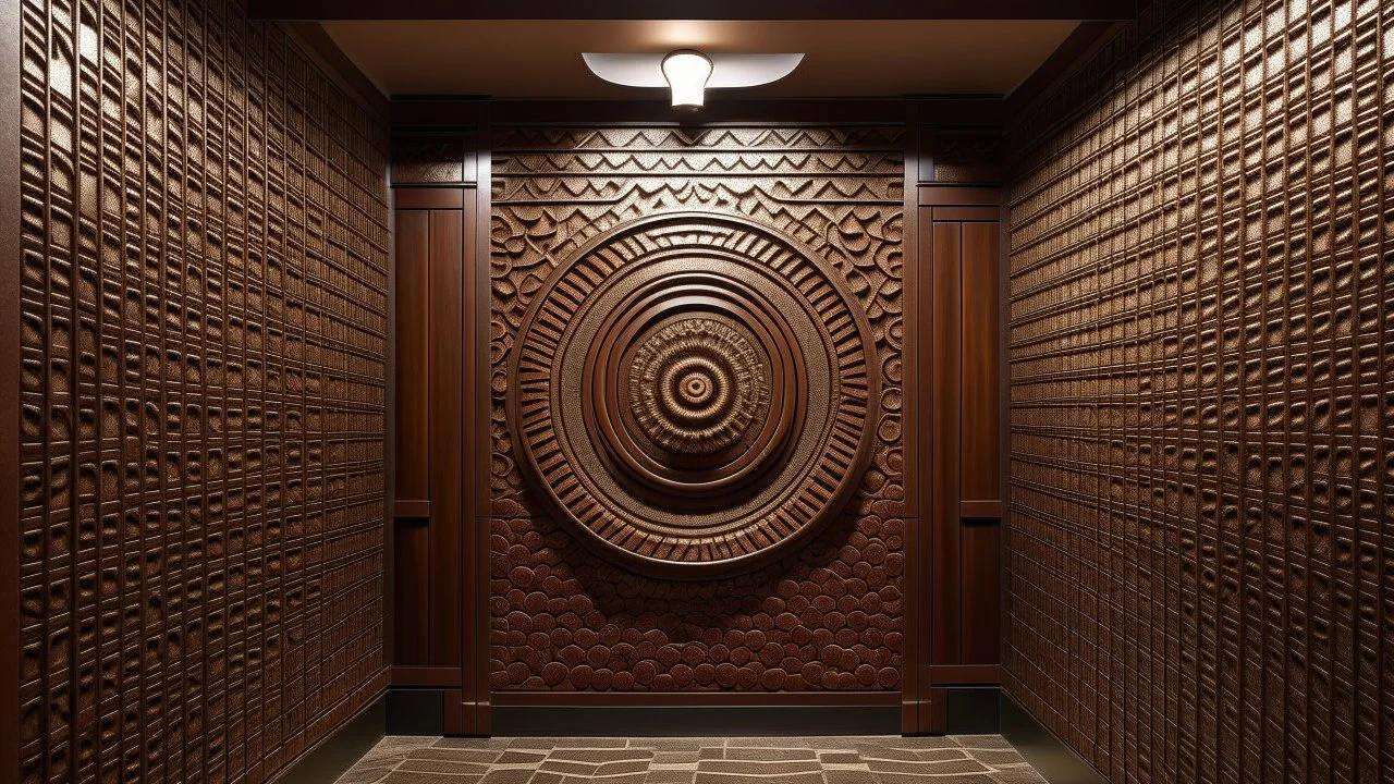 A large, intricate wall made of square, brick-like tiles, featuring a prominent, circular, geometric design centered around a door. The tiles alternate between light and dark brown hues, creating a rhythmic, textured pattern that draws the eye to the tunnel-like structure within. The door itself is recessed into the center of the design, inviting the viewer to imagine what lies beyond.