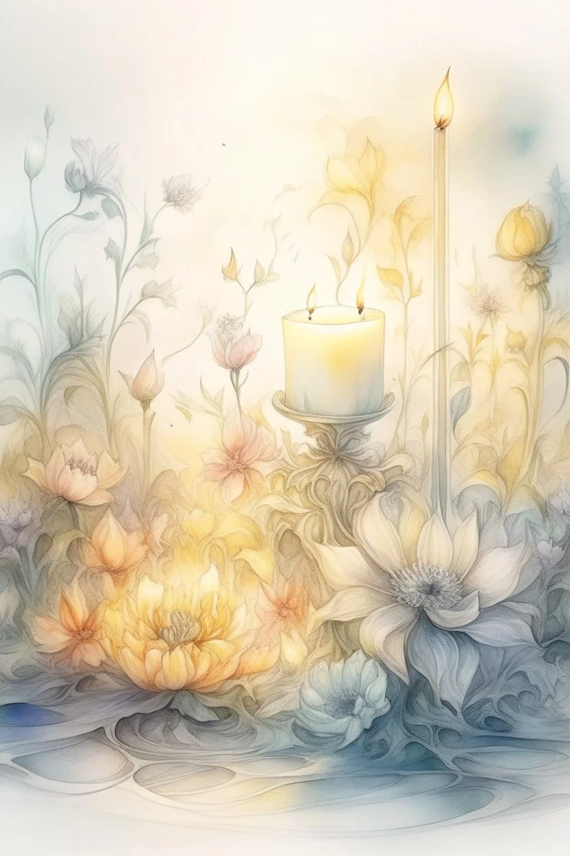 magic Watercolor, color, flowers, candles, purification from ghosts, subtle black ink drawing, several landscapes, collage, fog, many details,delicate sensuality, realistic, high quality,3d, work of art, hyperdetalization, professionally, filigree, hazy haze, hyperrealism, professionally, transparent, delicate pastel tones, backlight from behind, contrast, fantastic, fabulous, unreal, translucent, glowing,clear lines, horror,epic, hyperrealism.