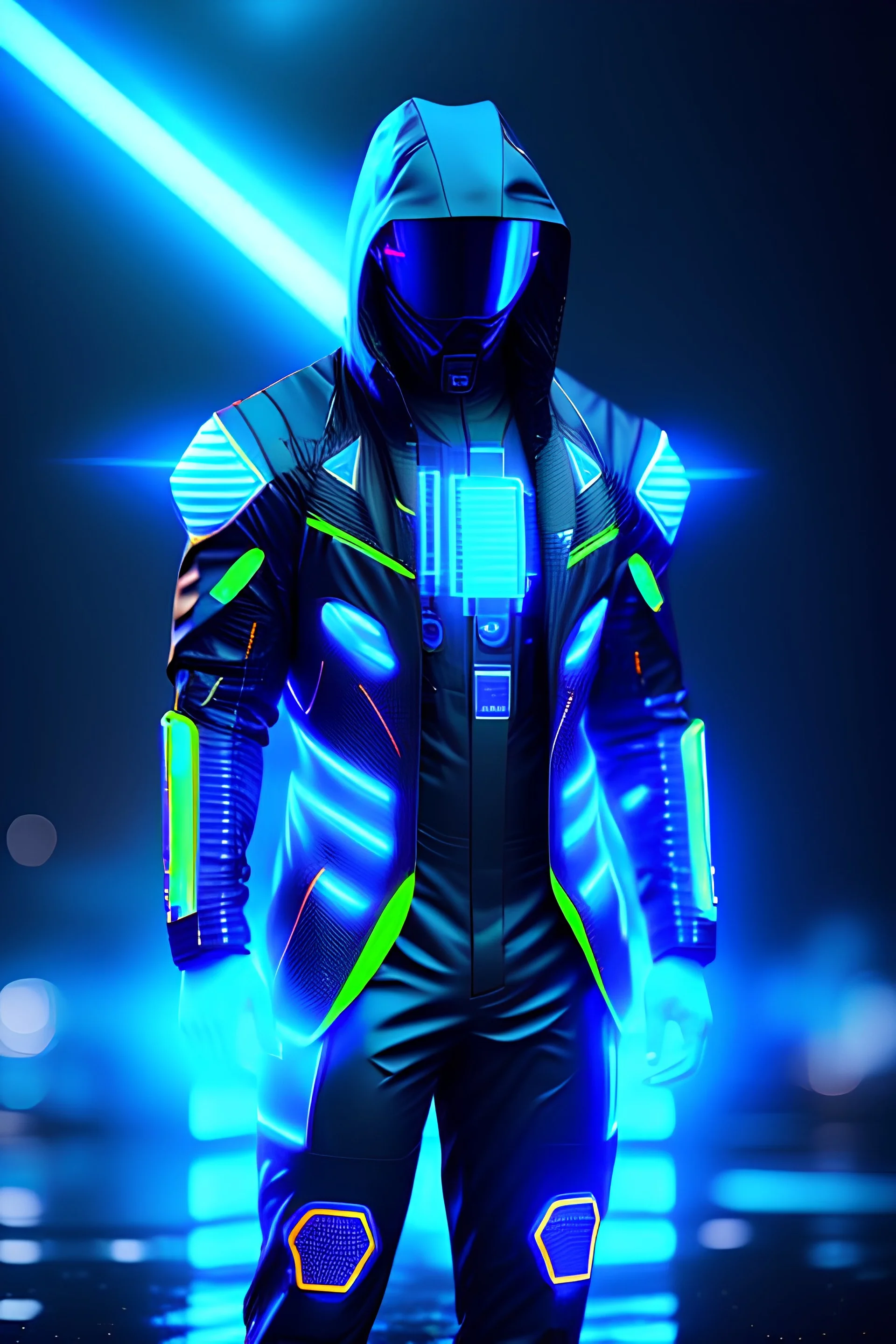 cyberpunk, neon blue, high technology, geometric figures, orbiting figures, cyberpunk suit, black and blue, epic, rain, neon blue suit, geometric figures orbiting around suit, exosuit, male