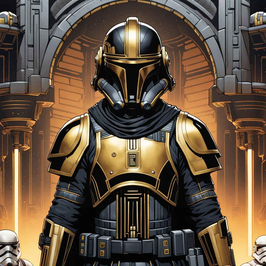 star wars bald male corellian pilot wearing pearlescent black and gunmetal grey First Order special forces heavy assault stealth commando armor and helmet with gold trim inside the jedi temple, hyperdetailed, dynamic lighting, hyperdetailed background, 8k resolution, volumetric lighting, light skin, fully symmetric details