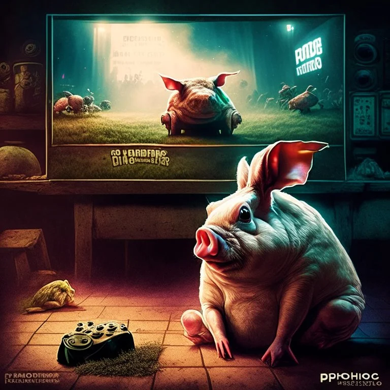 album cover realistic gamer pig watching movie about mushrooms cinema in the background huge rabbit