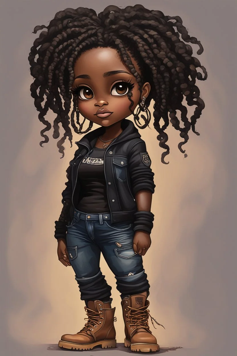 create a EXPRESSIVE OIL PAINTING image of a curvy size chibi dark skinned Black female wearing a black jean outfit with timberland boots. Prominent make up with brown eyes and lush lashes. Highly detailed dread locs