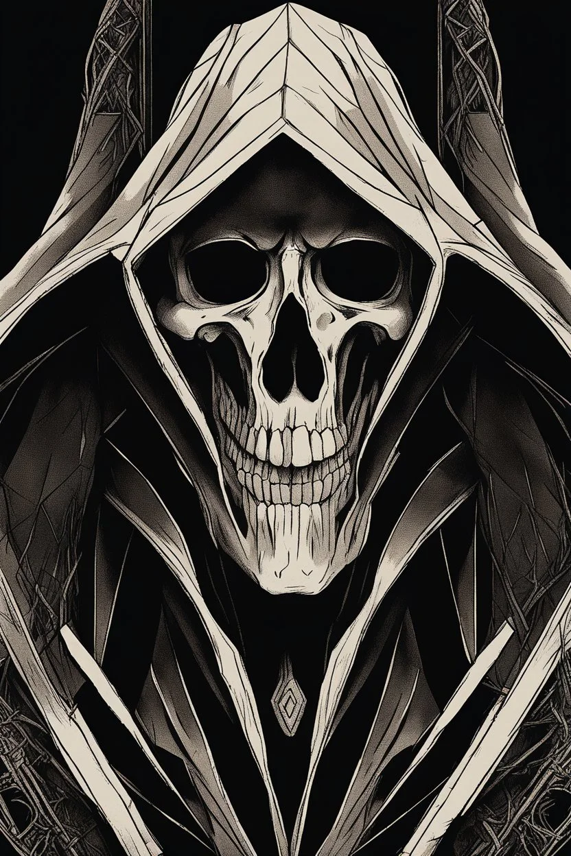 skeleton in a black hooded cloak drawn in a early animation ruberhose style, inside a light diamond shape on a black background, monochromatic