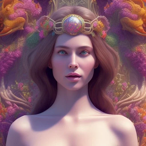 3d smilling woman,topless, full body and face shown, 32K, intricately detailed, plants, flowers, colorful, rtx, unreal engine 5, art nouveau, clouds, smoke, square type face