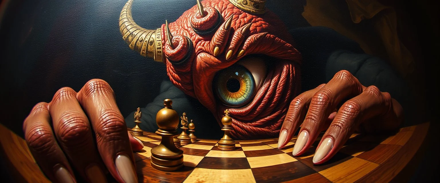 fish eye lense, pin hole cam, master oil painting by Rembrandt, realistic rendering one eyed chess demon a sense of depth