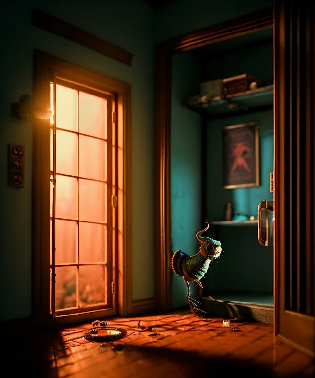 Wes Anderson photographer, night, room, monster peeking behind the ajar door, Ultra realistic, punk style, wide angle view, soft color, highly detailed, unreal engine 5, ray tracing, RTX, lumen lighting, ultra detail, volumetric lighting, 3d, finely drawn, high definition.