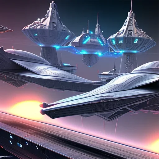 4 old school spaceships in a futuristic city.