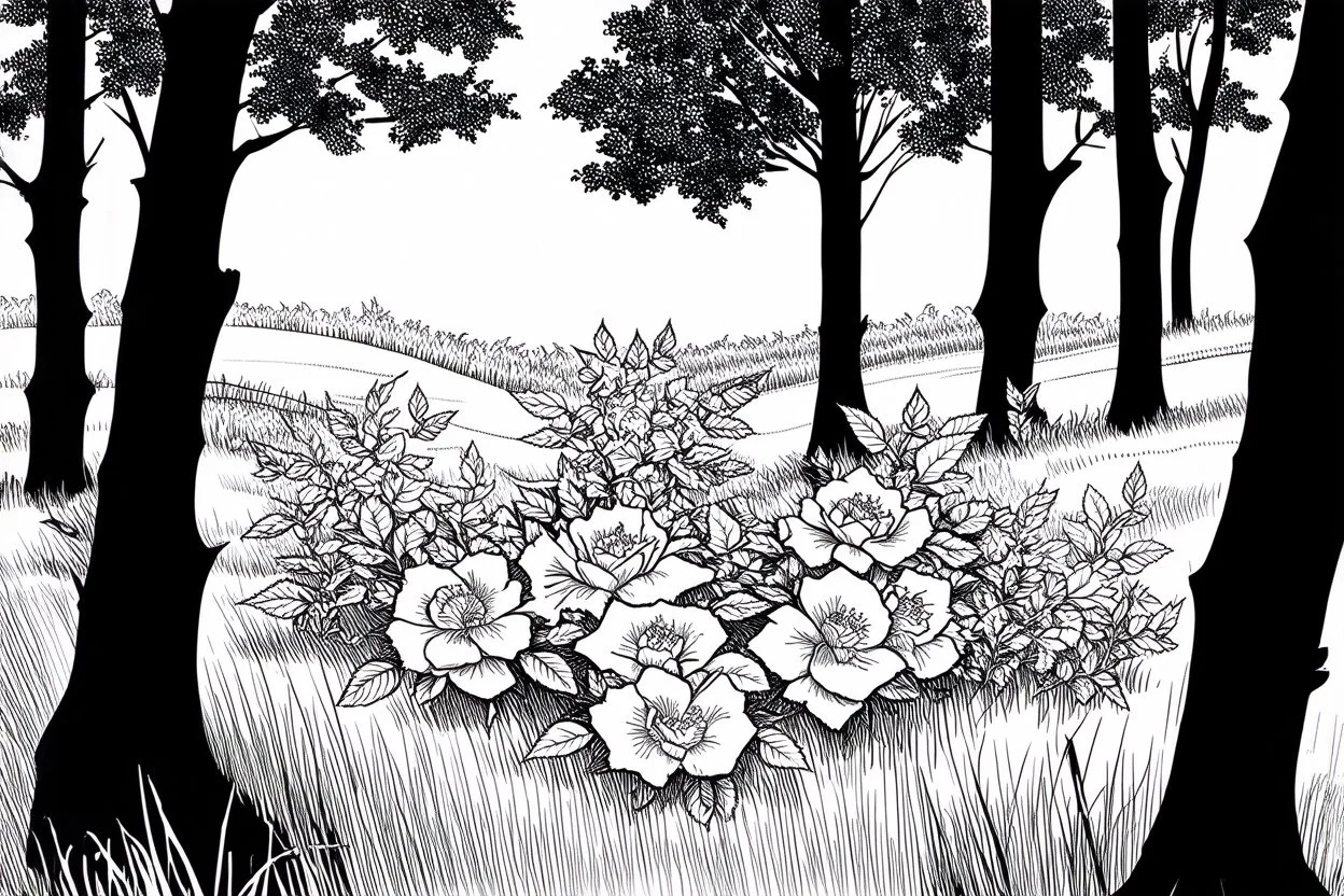 black and white line sketch of wild roses in the woods