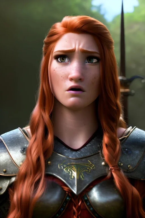 hyper realist, hyper detailed, stunningly beautiful teen woman, long ginger hair, green eyes, medium freckles, full lips, skimpy fantasy intricate leather armour, full body and head, c-cup breasts, shocked expression, centred camera, full frame, petite