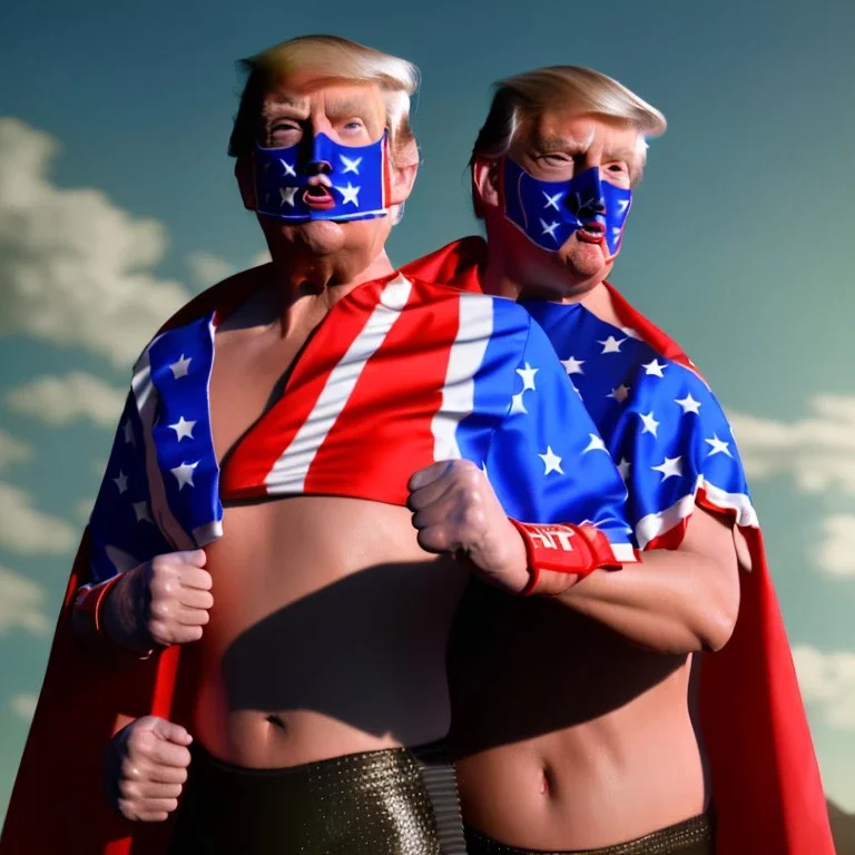 realistic image of donald trump as a mexican wrestling fighter posing outdoors, Mexican eyes wrestling mask, red and blue breeches, confederate flag cape, retro style, 80s, vibrant color, highly detailed, sky background, concept art, unreal engine 5, god rays, ray tracing, RTX, lumen lighting, ultra detail, volumetric lighting, 3d, finely drawn, high definition, high resolution.