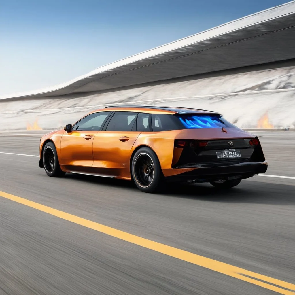 award winning car and driver photograph of a futuristic station wagon fighter-jet hybrid designed by only one vehicle per image painted metallic orange traveling at a high rate of speed, jet intake off of front center of vehicle and jet exhaust out the rear with bright blue flame, bilaterally symetrical, more a high speed road vehicle