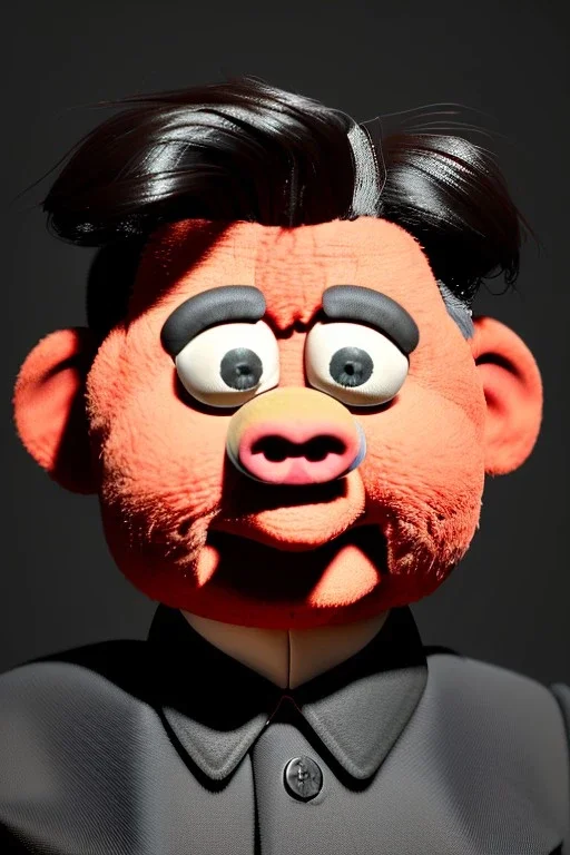 Waist up muppet Portrait, Kim Jong-un muppet doll, black suit, photo studio, red background, unreal engine 5, concept art, art station, god lights, ray tracing, RTX, lumen lighting, ultra detail, volumetric lighting, 3d.