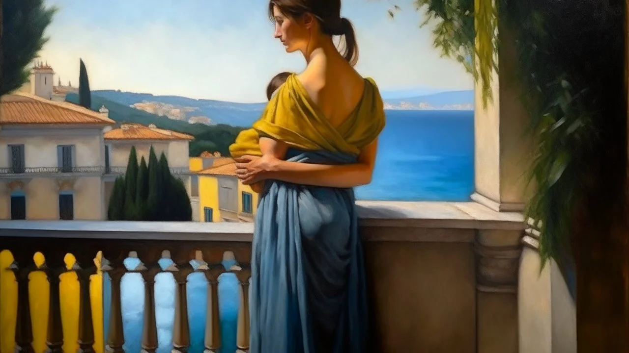 Neoclassicism mother with child in her arms waiting whole body zoom out realistic cote d'azur painting from the back