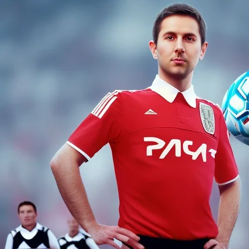 A porn star in a referee jersey officiating for a soccer match at Wembley Stadium