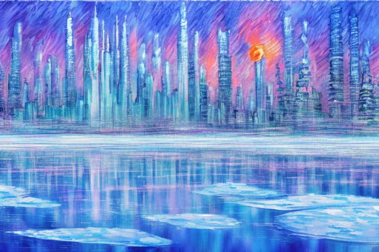 Science fiction city near frozen lake, impressionism painting