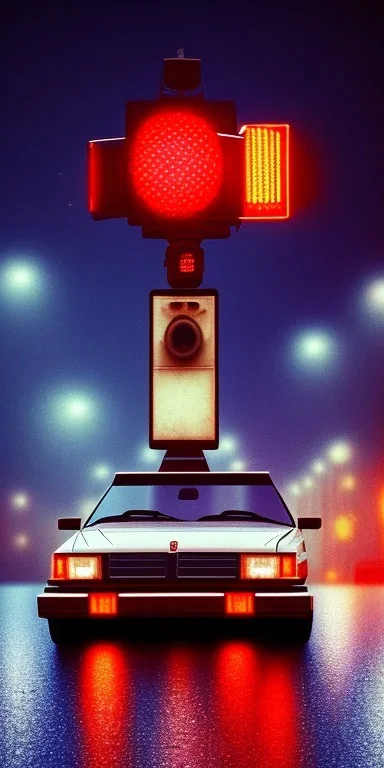 A 1990s car standing in front of a red traffic light, empty street, Cairo, 1990s, night time, rain, winter, movie scene Nick Harris style