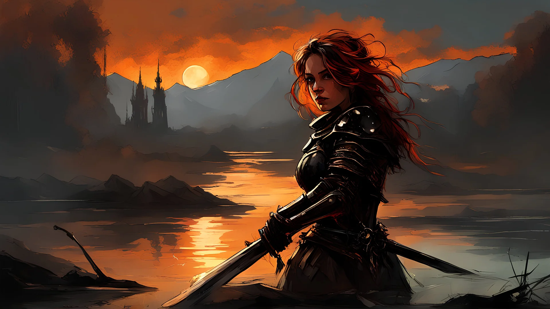 A formidable warrior girl in black armor, on the background Amazing gloomy landscape, flooded with sunset, mountains, trees, fabulous scary hero, , juicy emotions, painting, dark fantasy, gloomy day, dark world, portrait, by Leonid Afremov & Benedick Bana & Anna Razumovskaya & Brian Kesinger