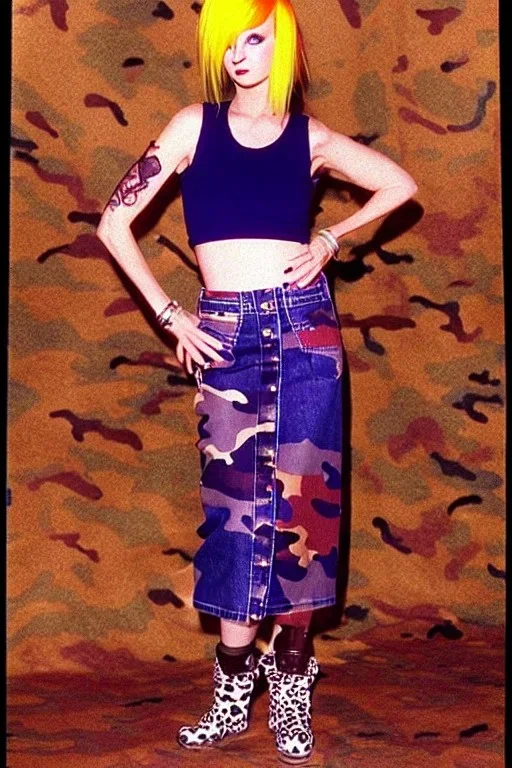 year 1996 denim fashion. Loose skirt, low waist. Combat t-shirt. Colors: denim blue, blue, purple, cream, khaki, light green, lilac, plum, orange, terracotta, red, light yellow, pink, dark blue, beige. Latex in small part. Something between camouflage and cheetah prints.. Gwen Stephani, Shirley Manson.