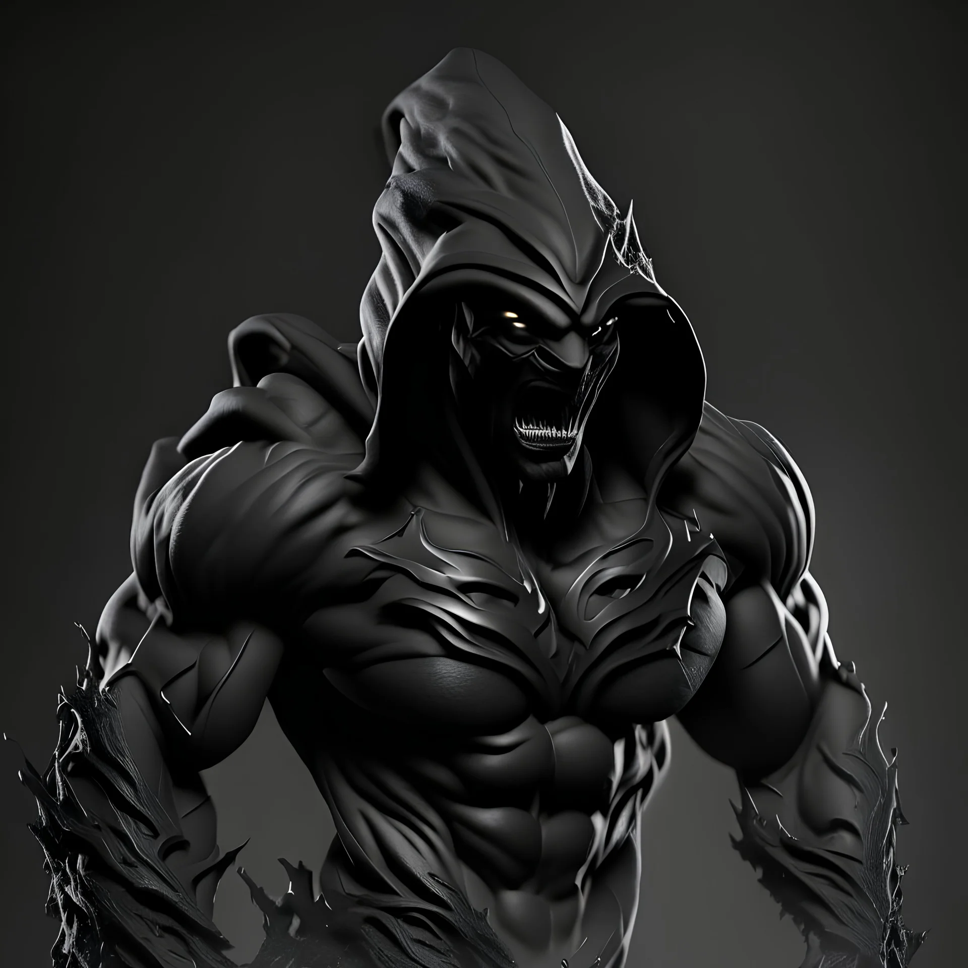 3D emblem, a muscular monster made of black mud, in a hood, arms and legs, running at you, an evil look, a gloomy smile, simple background, photorealistic.