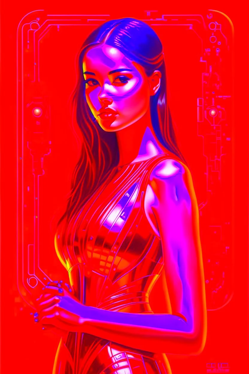 A classic style painting carry a picture of a host portrait of beautiful young girl with red dress with a red light reflecting in their cybernetic enhancements.red background all are red