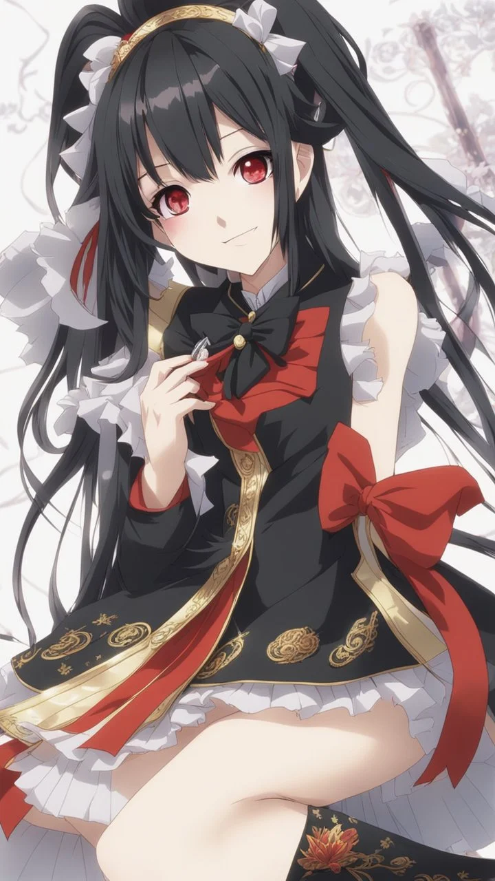 Tokisaki Kurumi appears to be elegant and has very polite manners, ivory skin and long, evil smile, crazy smile, black hair usually tied in long twin tails, deferent Eyes colors, right eye is red-tinted color, left eye appears as a golden color, inorganic clock face, a girl with astonishing beauty, wearing her astral black and red dress 'Elohim', left golden eye, intricate details, highly detailed, date a live anime art style