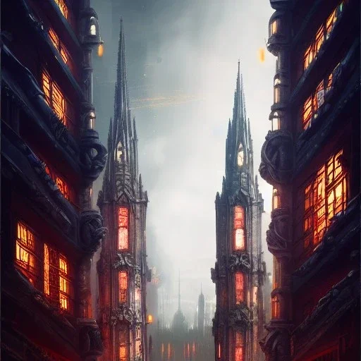 Neo Gothic Metropolis, otto hung, friz Lang ,renaissance painting, matte painting, cyberpunk,detailed facades, retrofuturistic