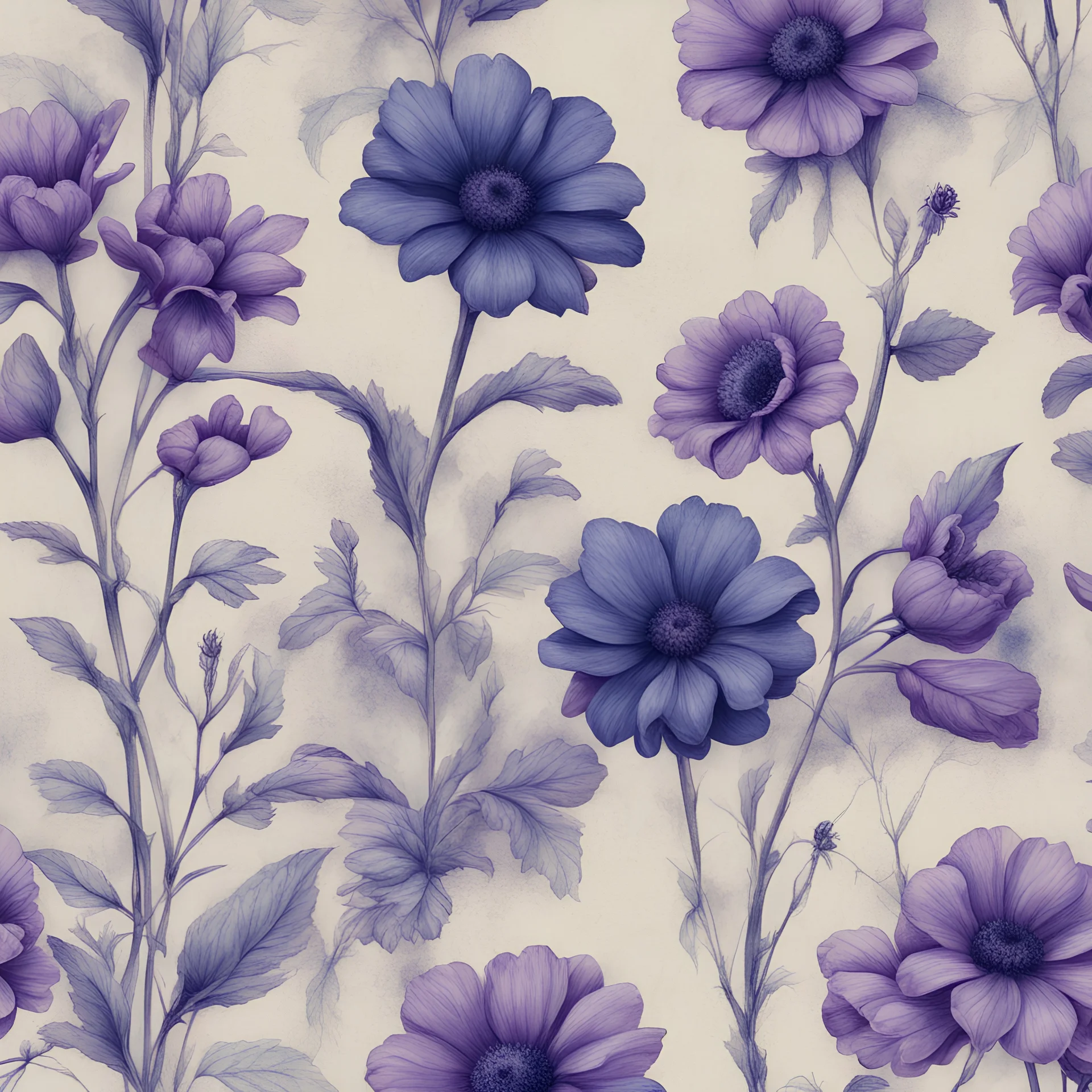 Hyper Realistic sketches of Grungy Purple & Navy-blue flowers on a light-blue-vintage-paper