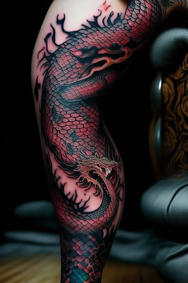 thigh stylized dragon tatoo, stylized snake tatoo wrapped in the things, leg focus, thigh focus