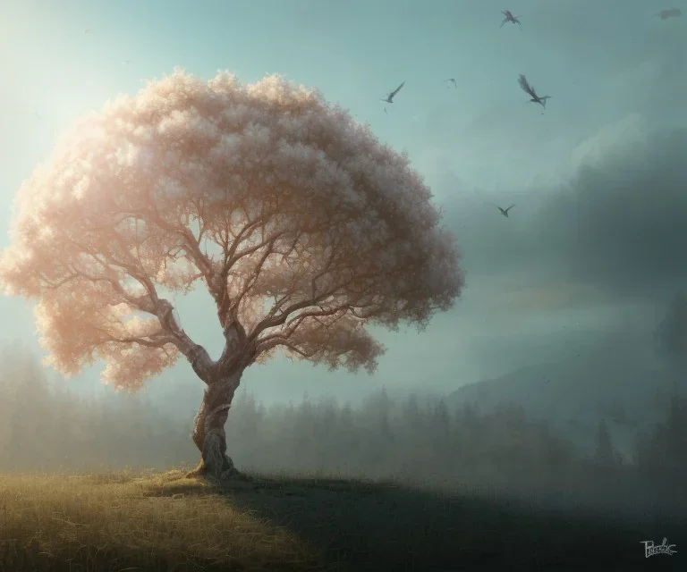 a beautiful digital painting of a marble tree entertwined in tumutluous clouds, intricate white branches and birds flying in the sunlight, blue sky at sunset, elegant, highly detailed, artstation, concept art, matte, sharp focus, art by tom bagshaw, kelogsloops and greg rutkowski