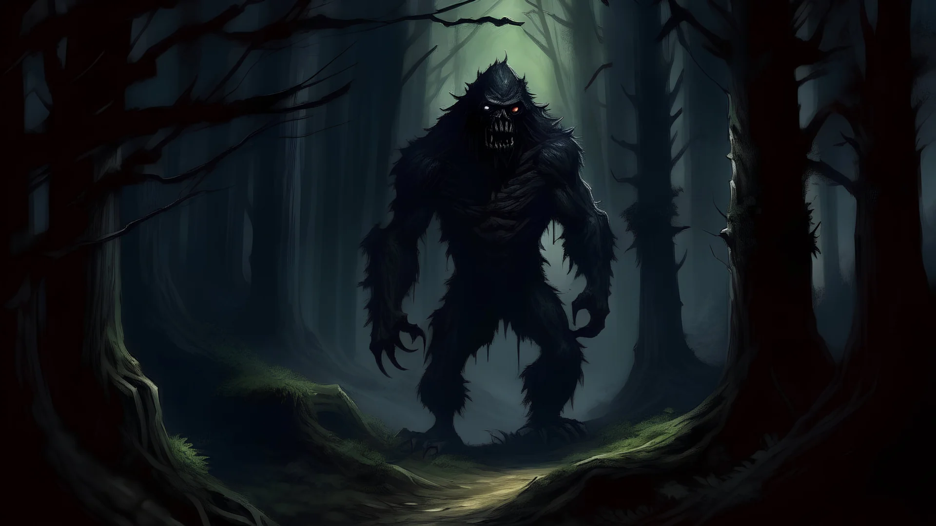 Dark Woods, Dark Forest, horror, Realistic Art, Giant monster's Shadows