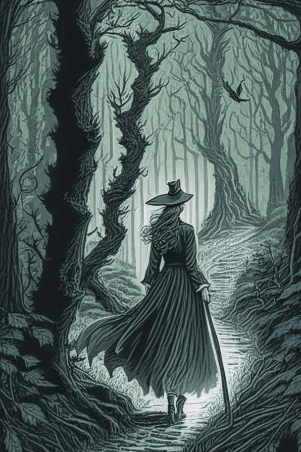 in the style of a Henry Justice Ford drawing, a beautiful witch walks through a forest