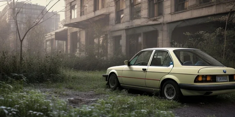 an abandoned 1990 bmw 2-door 4k,overgrown by nature with large ,ultra realistic,concept, 4k ,on street, parked in crowded city winter,8k resolution, high-quality, fine-detail