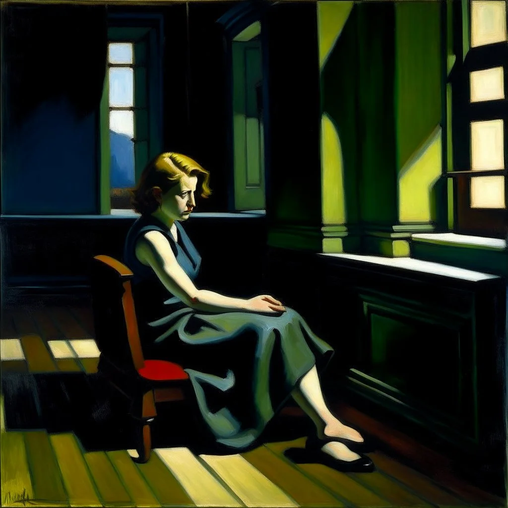 oil painting, woman seating down, dark, Edward Hopper