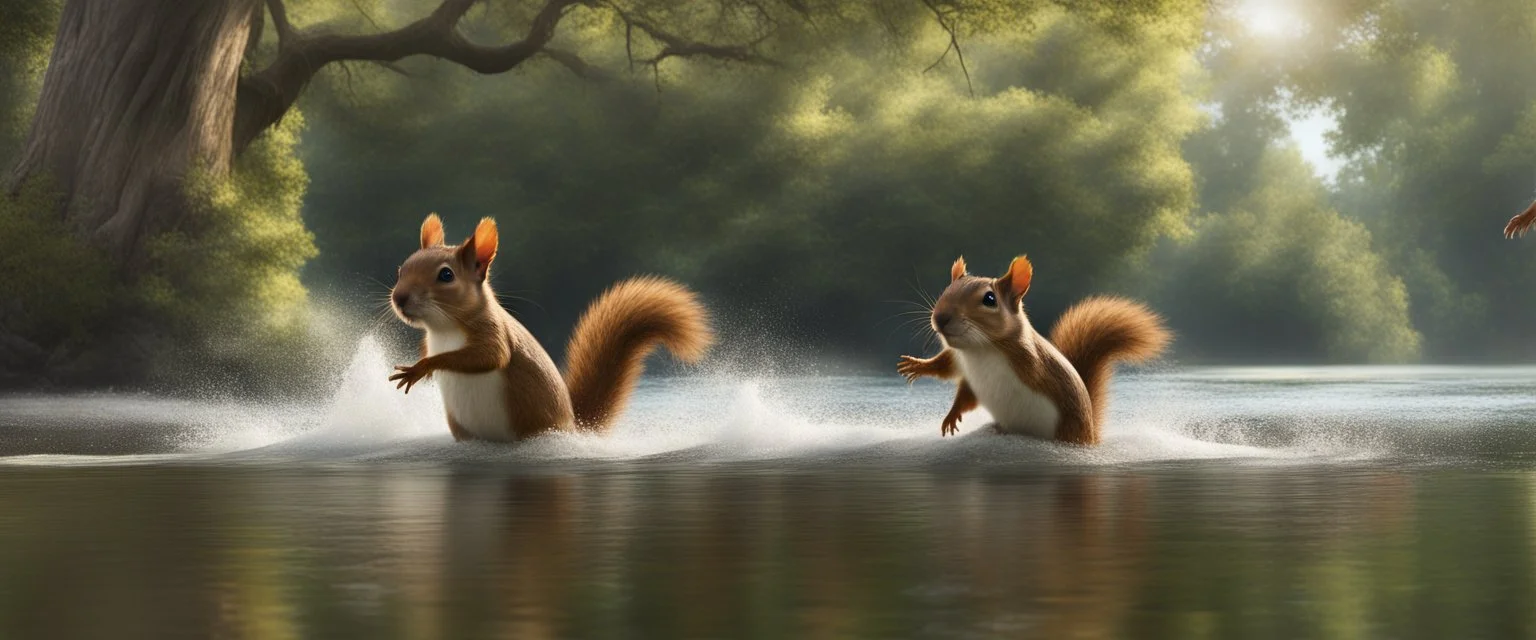 Finn's paddling like crazy, I'm laughing so hard I'm paddling backwards We arrive at Squirrel Island – Bigalow leaps out, does a victory dance, and then... Starts digging like a maniac near the base of the oldest oak tree Finn whispers to me: "Think he knows the acorns are guarded by Squirrelzilla..." Suddenly, a fierce chattering noise echoes – A GIANT SQUIRREL EMERGES ON WATERSKIES, EYES FIXED ON BIGALOW!