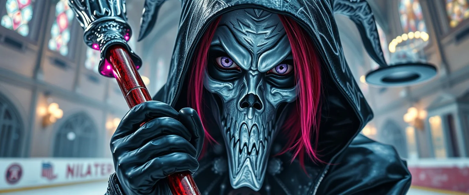 close up portrait of shiny ice dark grim reaper babe with lavender eyes and red and silver hair, and with magical aura hockey staff, pin hole cam, master oil painting by Rembrandt, d&d glam rock and glitter harlequin illithid and lich playing hockey in ice skating hall or church, in the style of giger and escher, sci fi with floating little saucers