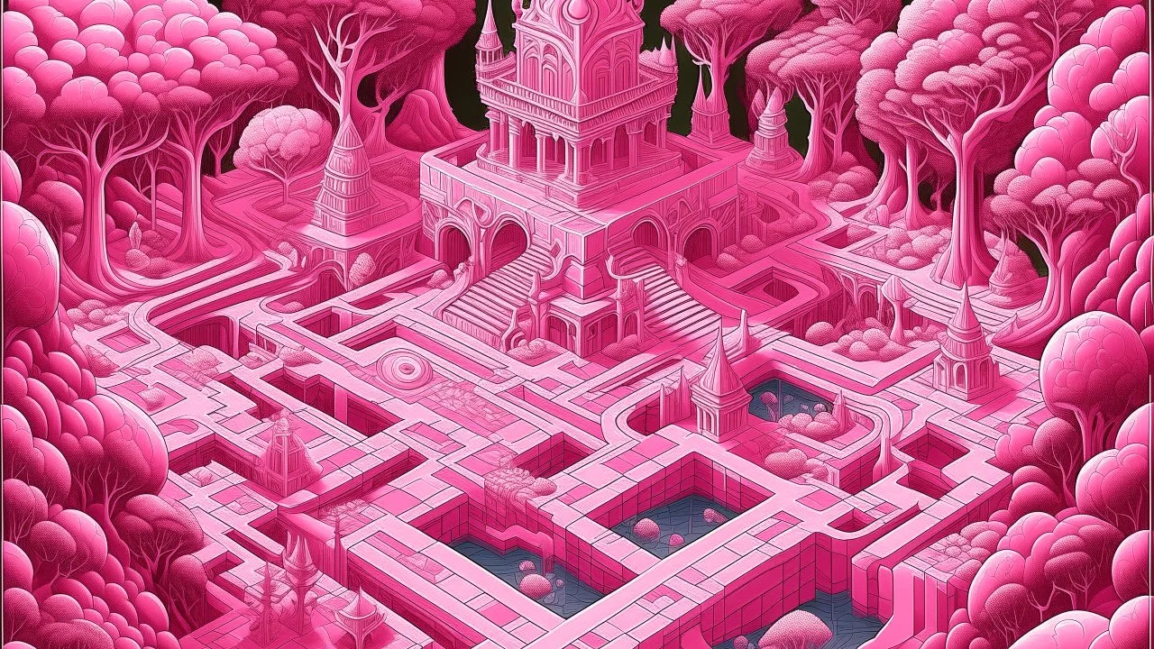 A pink magical realm with rune spells designed in Mayan architecture painted by MC Escher