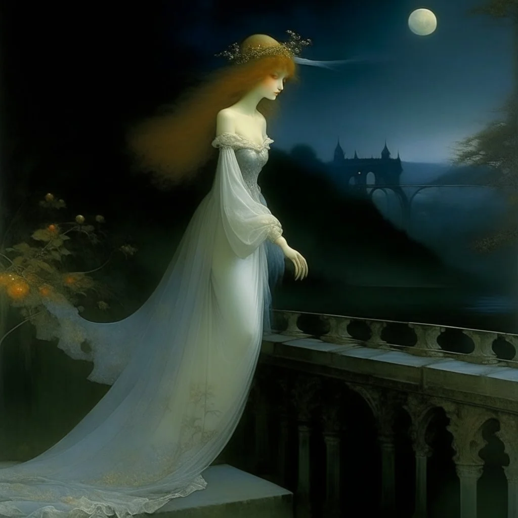 THE GHOST IS STILL DANCING AT NIGHT ON THE OLD COUNTRY BRIDGE. Alphonse Mucha. Leonor Fini