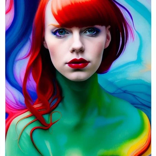 Photo of a gorgeous young lena katina, beautiful face, multi-hued red hair; in the style of martine johanna, draped in flowing fabric, colorful energetic brush strokes, realistic, sharp focus, 8k high definition, insanely detailed, intricate, elegant, art by martine johanna and artgerm