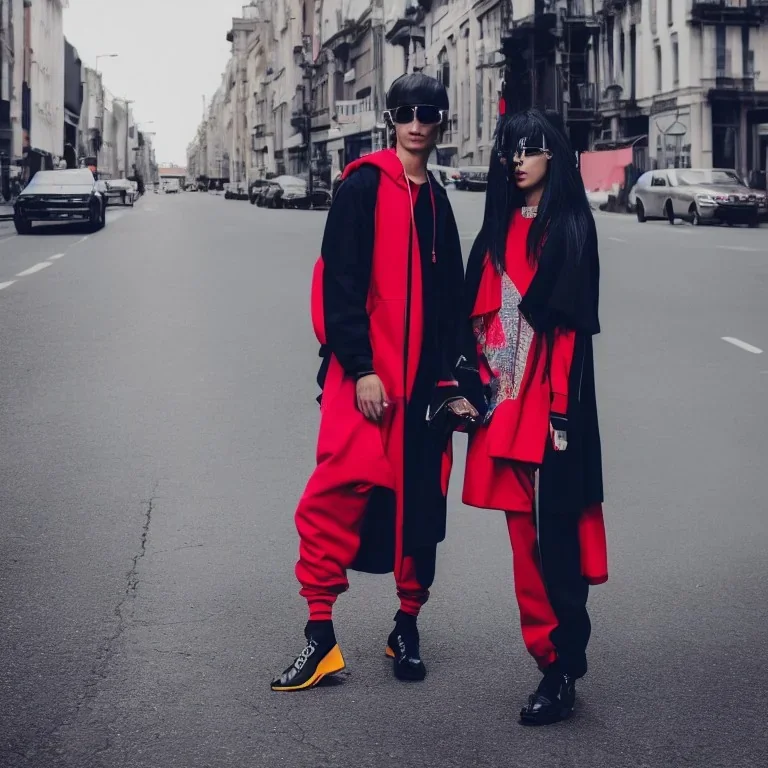 photo of a couple wearing high fashion clothes, balenciaga, Photorealistic photography, colorful, high contrast, future city, street, fashion photography, high resolution, 8k, moody, hard light, gen z, wide angle lens