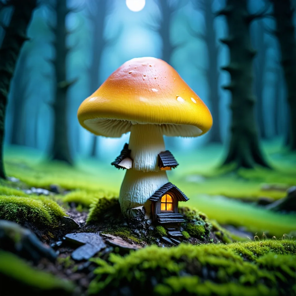 "Close up of a wonderful tiny Mushroom Tower home. Yellow and orange with bright white, deep black and contrasting tones of gray. Illuminated bioluminescent forest. Professional painter, master at composition. small but detailed. broken, blurred background, voluminous lighting"