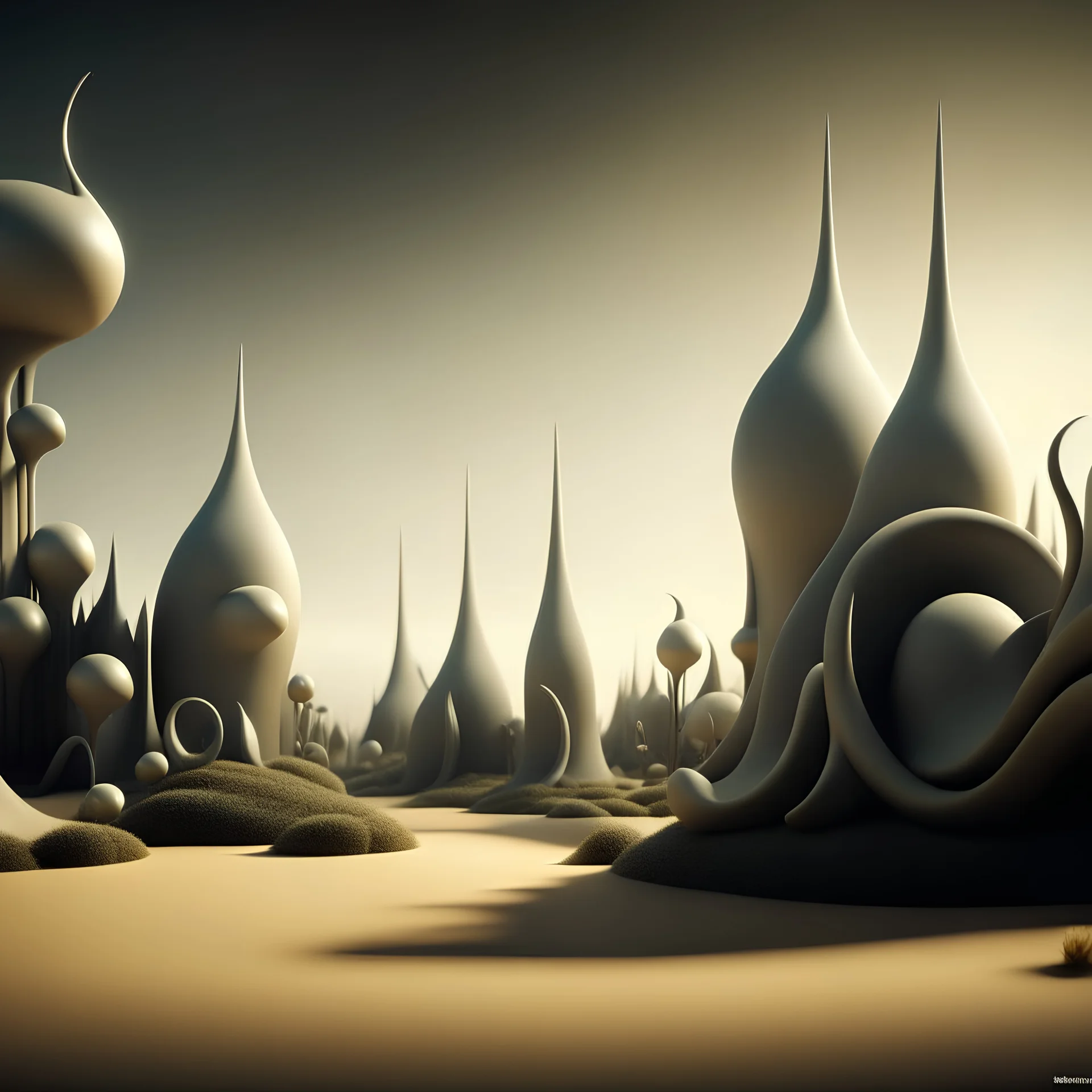 Abstract, sinuous, surreal, sharp forms, noon-light, Yves Tanguy, wasteland, shot on Hasselblad, 8k, 3d render, higly detailed, sharp focus