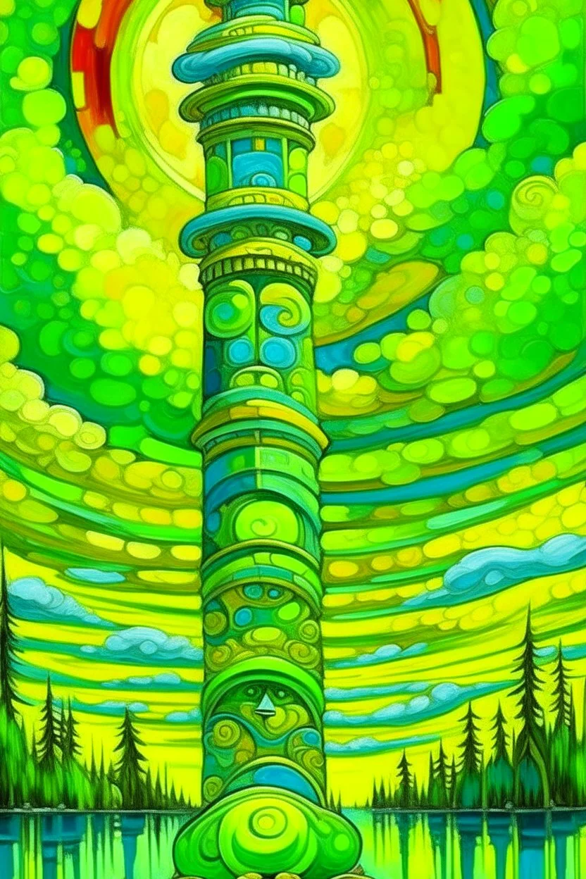 A lime green kingdom in the sky with Pacific Northwest totem poles painted by Vincent van Gogh