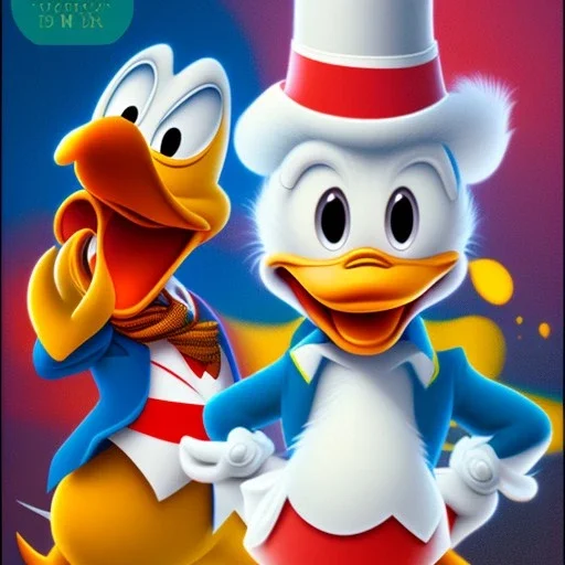 Mystery Donald duck, Ambiance dramatique, hyperrealisme, 8k, high quality, lot of details, fit within portrait