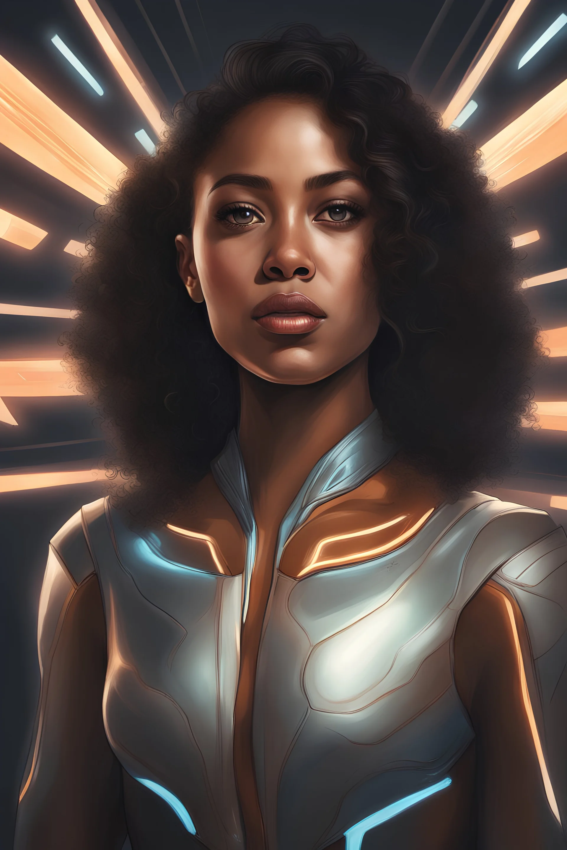 portrait of Beautiful biracial woman, space, symmetry!!, glowing lights!!, sharp focus, realistic, hyperrealistic, cinematic, illustration, highly detailed, digital painting, concept art