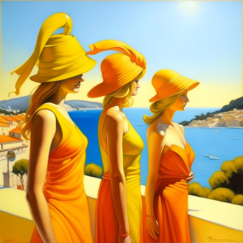 Neoclassicism realistic yellow orange cote d'azur sea 3 woman