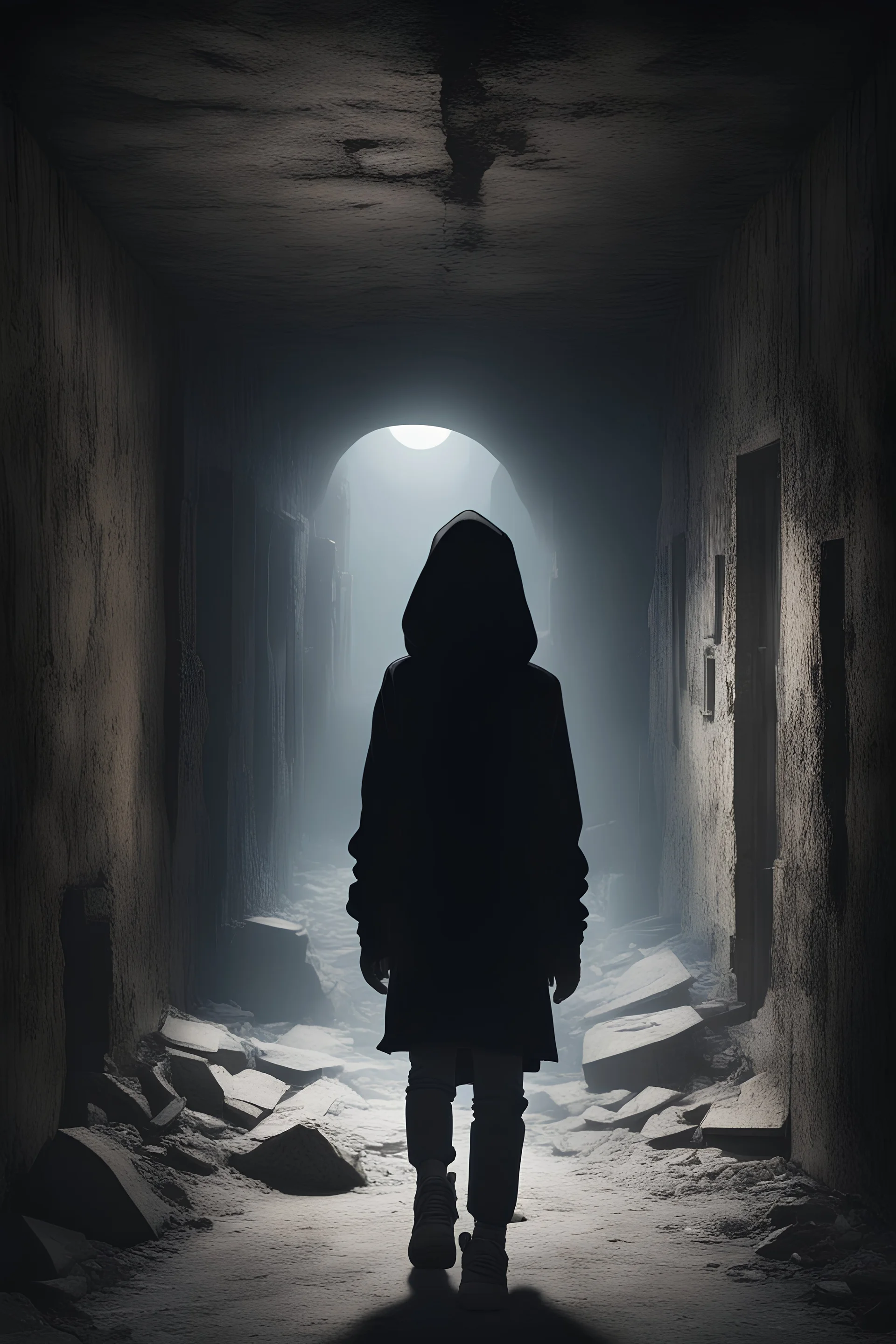 A girl walks in a worn-out stone basement with the moonlight entering. The girl is wearing a black hoodie and her face is covered with a black mask. She walks and looks down and we see only the burnos, and around her a very, very terrifying atmosphere.